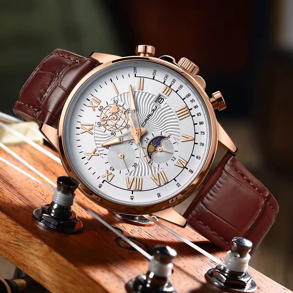 Luxury Men's Quartz Watch CRRJU 2318  Business Gentle Mature Leather Chronograph Multifunction Moon Phase Male Wristwatch