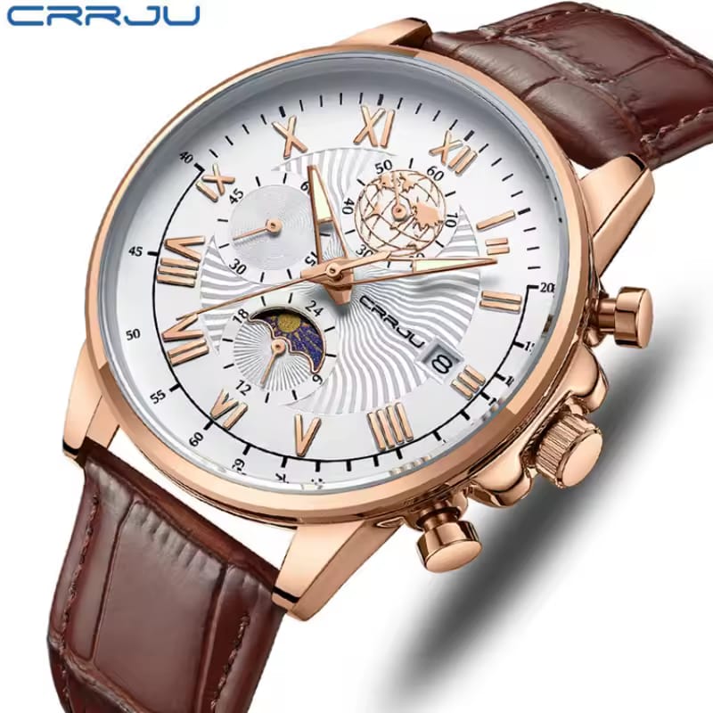 Luxury Men's Quartz Watch CRRJU 2318  Business Gentle Mature Leather Chronograph Multifunction Moon Phase Male Wristwatch