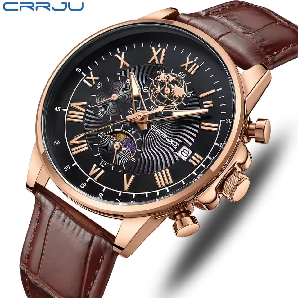 Luxury Men's Quartz Watch CRRJU 2318  Business Gentle Mature Leather Chronograph Multifunction Moon Phase Male Wristwatch