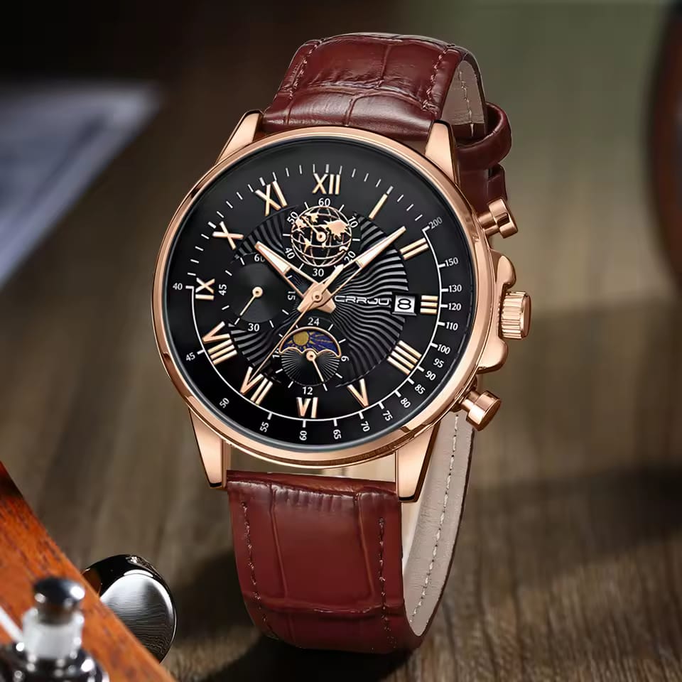 Luxury Men's Quartz Watch CRRJU 2318  Business Gentle Mature Leather Chronograph Multifunction Moon Phase Male Wristwatch