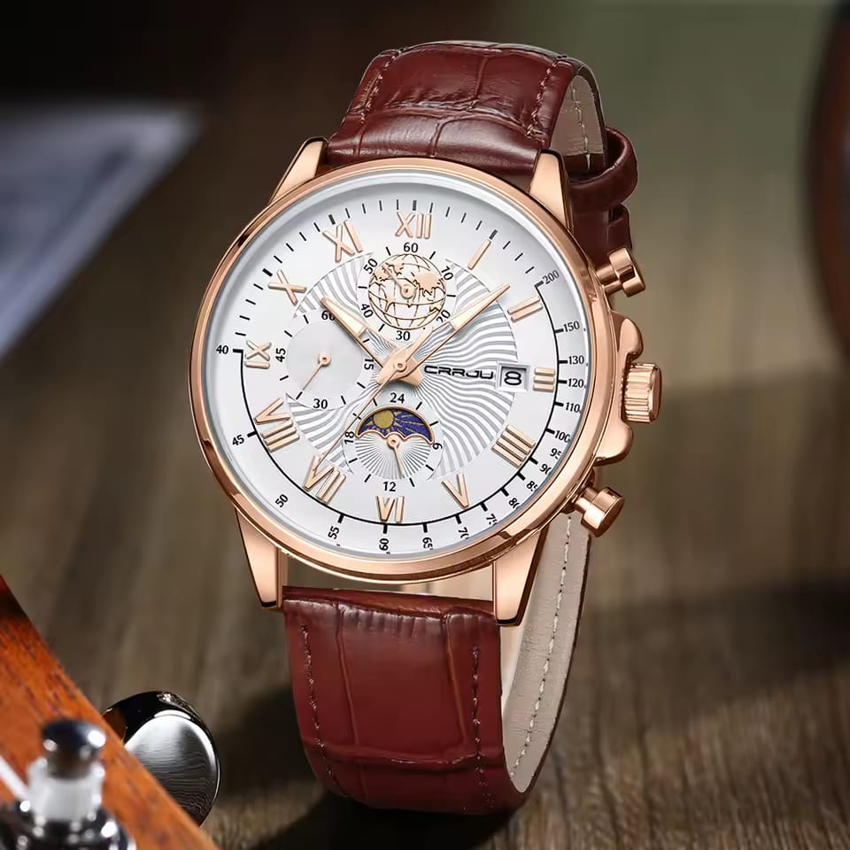Luxury Men's Quartz Watch CRRJU 2318  Business Gentle Mature Leather Chronograph Multifunction Moon Phase Male Wristwatch