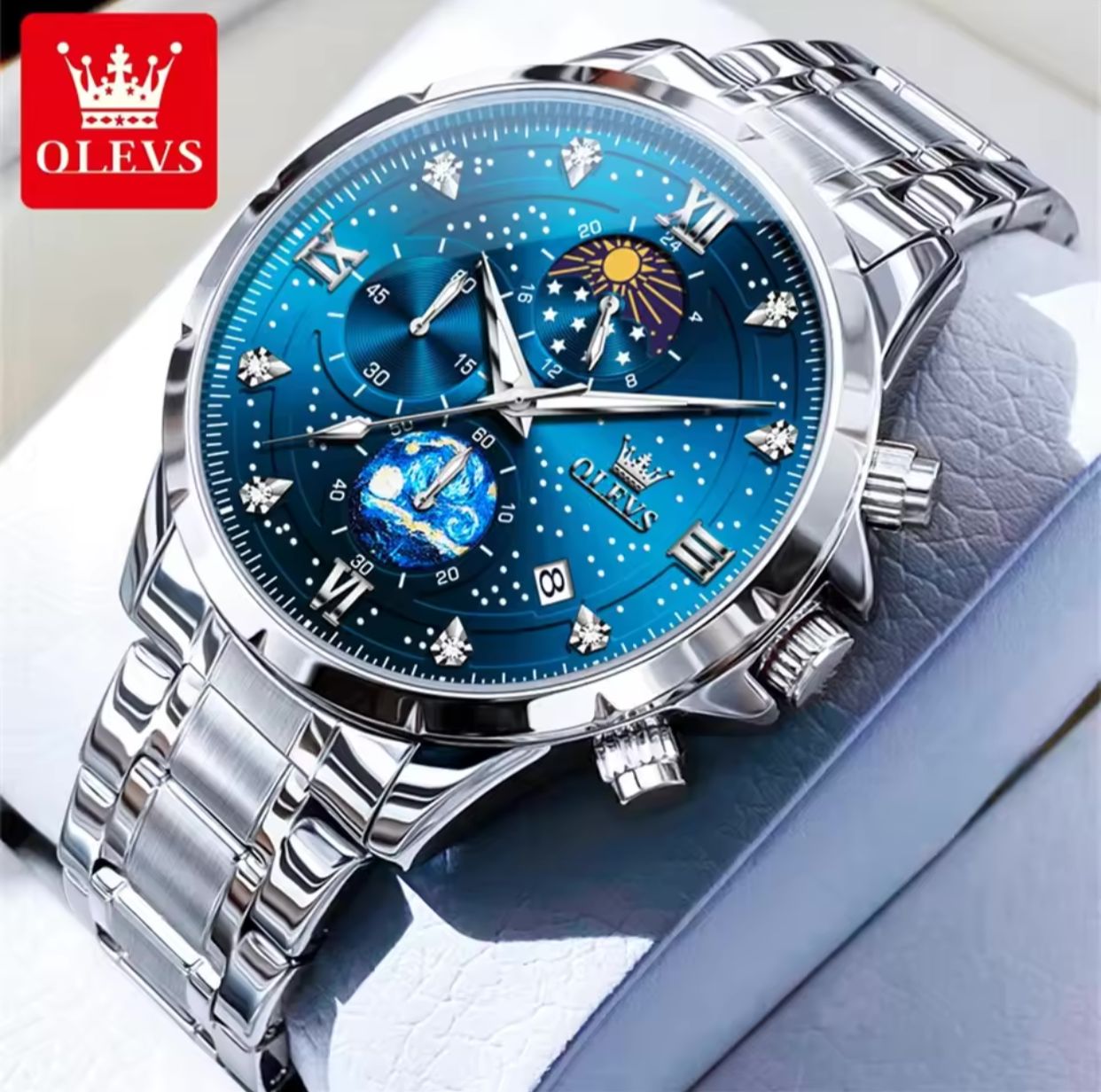 Man Watch Starry Sky Moon Phase Chronograph Waterproof OLEVS 9807 Luminous Auto Date Hand Clock Luxury Quartz Watch for Men