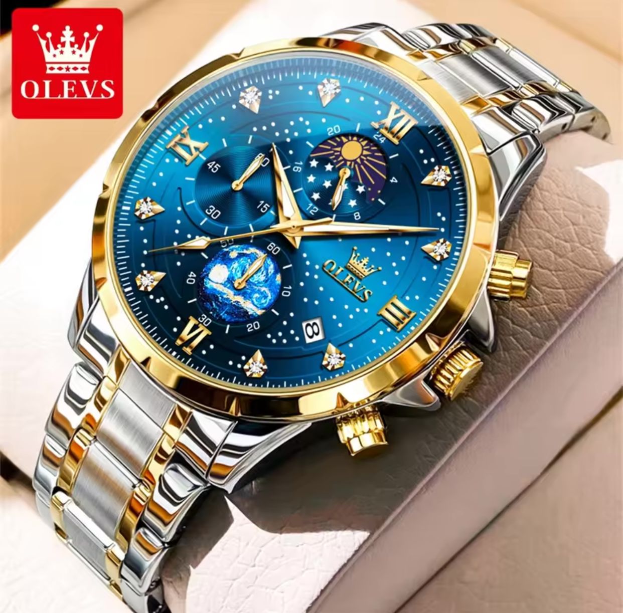 Man Watch Starry Sky Moon Phase Chronograph Waterproof OLEVS 9807 Luminous Auto Date Hand Clock Luxury Quartz Watch for Men