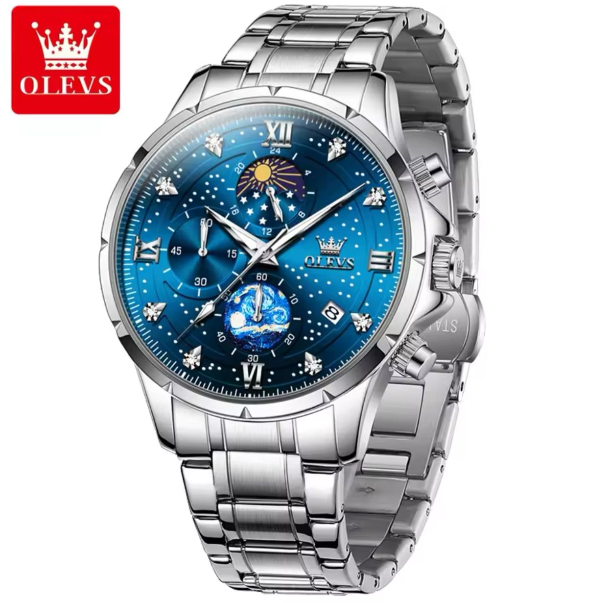 Man Watch Starry Sky Moon Phase Chronograph Waterproof OLEVS 9807 Luminous Auto Date Hand Clock Luxury Quartz Watch for Men