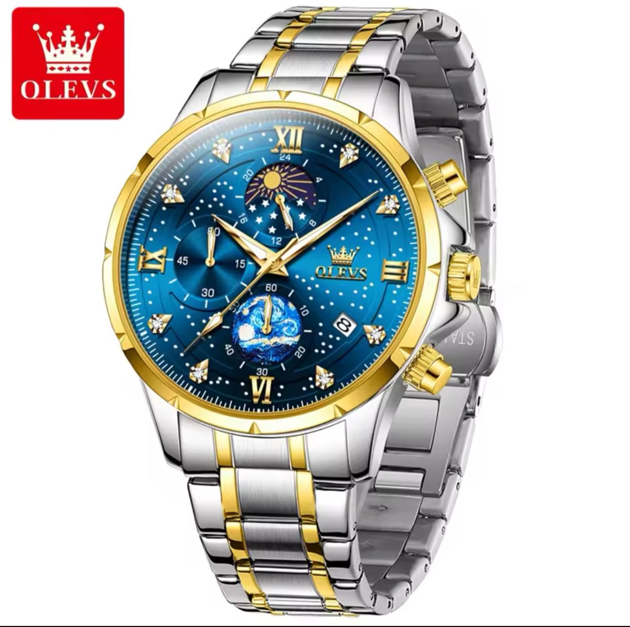 Man Watch Starry Sky Moon Phase Chronograph Waterproof OLEVS 9807 Luminous Auto Date Hand Clock Luxury Quartz Watch for Men