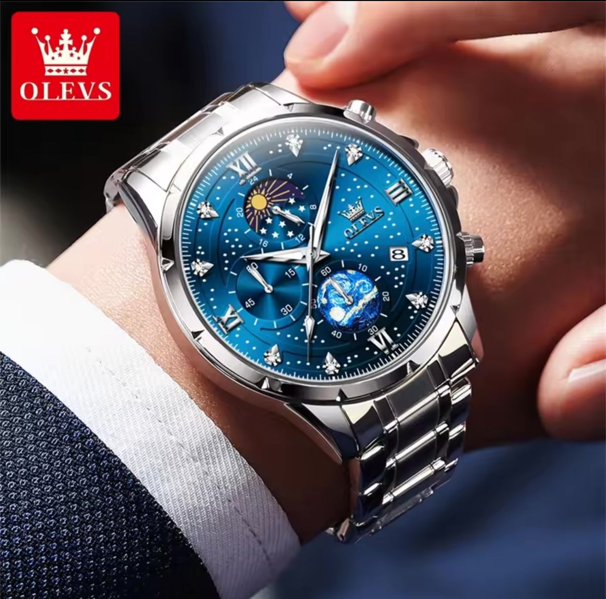 Man Watch Starry Sky Moon Phase Chronograph Waterproof OLEVS 9807 Luminous Auto Date Hand Clock Luxury Quartz Watch for Men