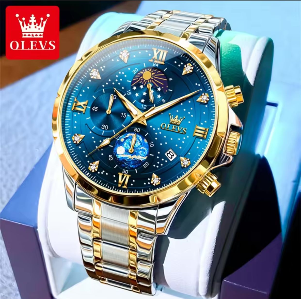 Man Watch Starry Sky Moon Phase Chronograph Waterproof OLEVS 9807 Luminous Auto Date Hand Clock Luxury Quartz Watch for Men