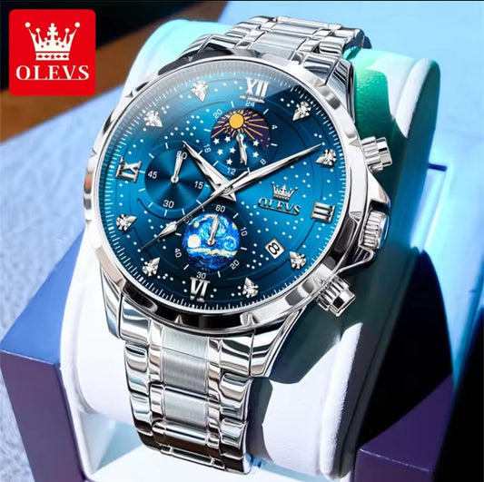 Man Watch Starry Sky Moon Phase Chronograph Waterproof OLEVS 9807 Luminous Auto Date Hand Clock Luxury Quartz Watch for Men