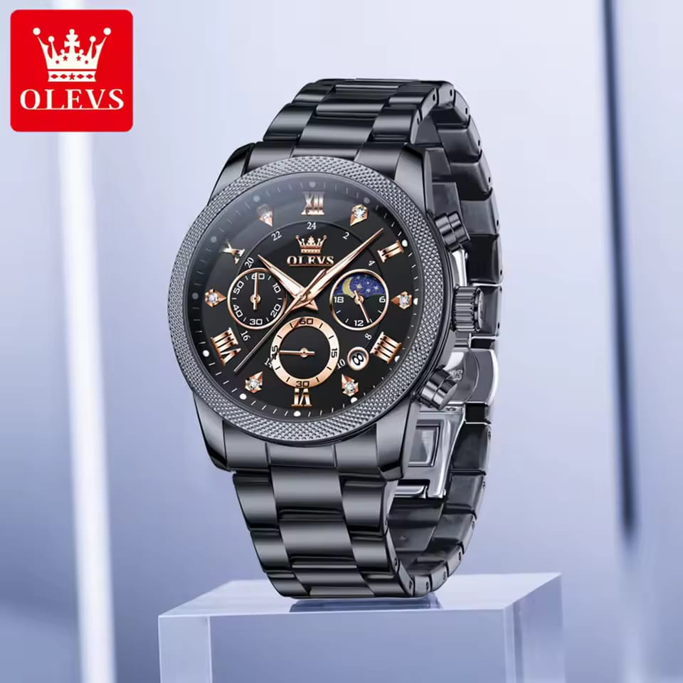 Top Brands Black OLEVS 3660 Gents Quart watches men wrist watches Complete Calendar stainless steel back water resistant watch