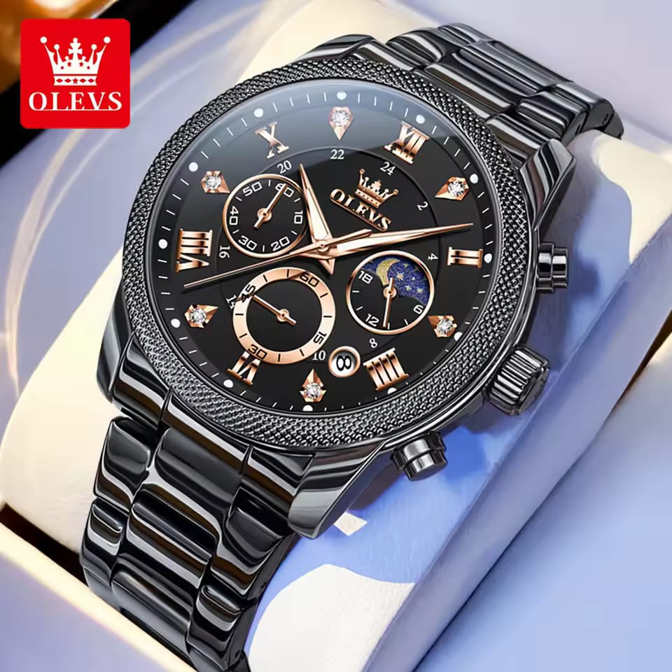 Top Brands Black OLEVS 3660 Gents Quart watches men wrist watches Complete Calendar stainless steel back water resistant watch