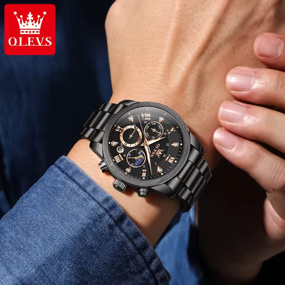 Top Brands Black OLEVS 3660 Gents Quart watches men wrist watches Complete Calendar stainless steel back water resistant watch