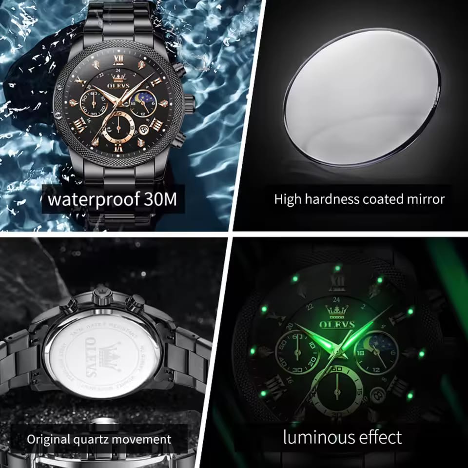 Top Brands Black OLEVS 3660 Gents Quart watches men wrist watches Complete Calendar stainless steel back water resistant watch