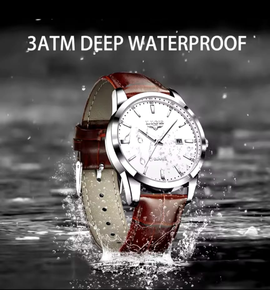 New Mens Watches LIGE 8970 Top Brand Leather Waterproof Sport Automatic Date Quartz Watch For Men