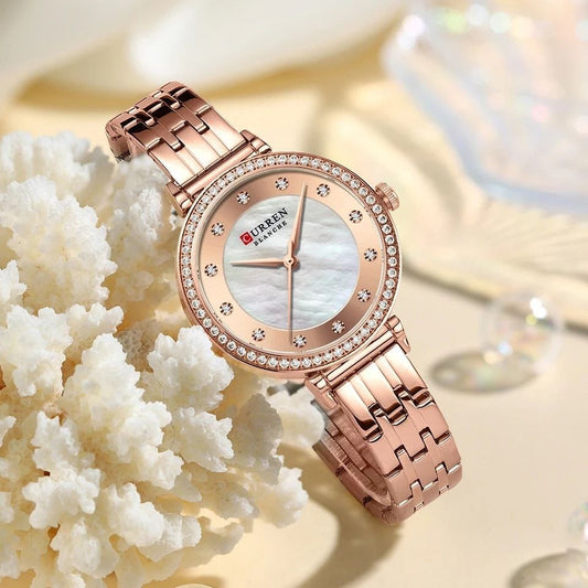 New Hot CURREN Women Watch 9087 Fashion Stainless Steel Waterproof Quartz Watches Ladies Shell Dial Rhinestones Lady Wristwatch