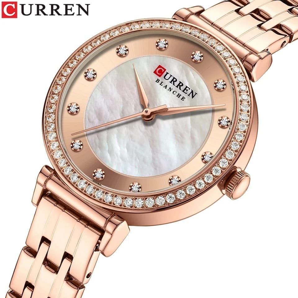 New Hot CURREN Women Watch 9087 Fashion Stainless Steel Waterproof Quartz Watches Ladies Shell Dial Rhinestones Lady Wristwatch