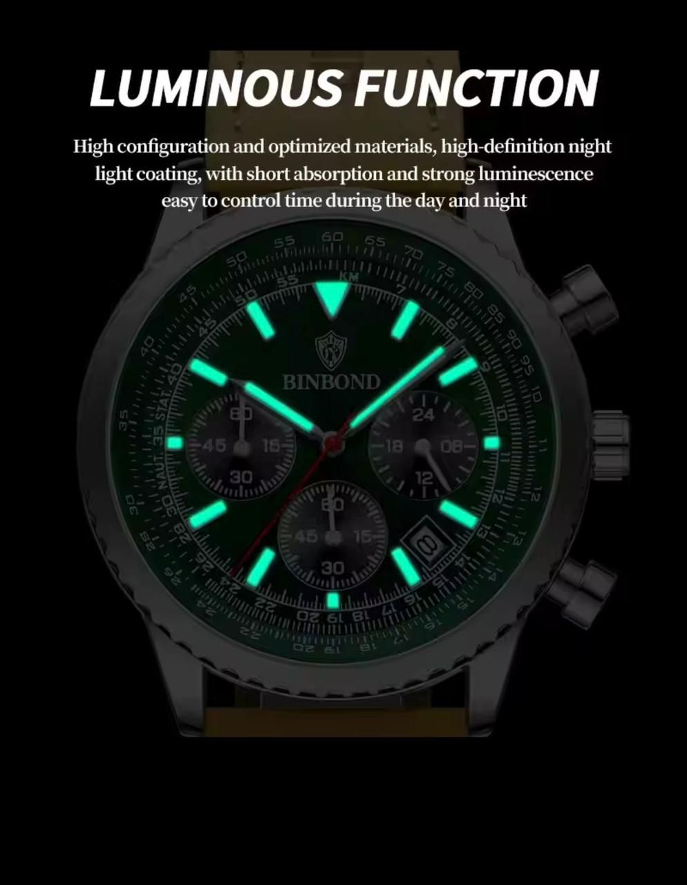 Binbond B6606 6606 Fashion Watches Luxury Brand Genuine Leather Strap Waterproof Sport Japan Quartz Chronograph Watch Men Clock