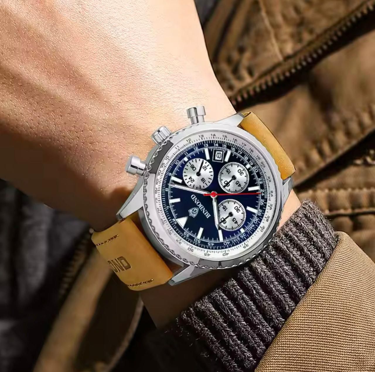 Binbond B6606 6606 Fashion Watches Luxury Brand Genuine Leather Strap Waterproof Sport Japan Quartz Chronograph Watch Men Clock