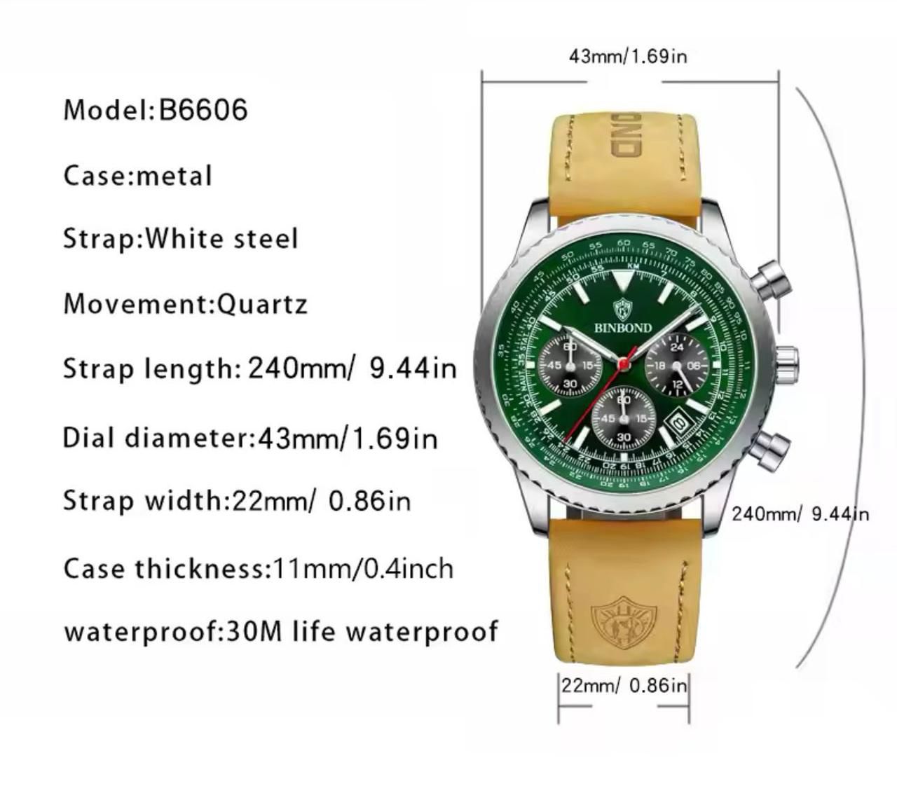 Binbond B6606 6606 Fashion Watches Luxury Brand Genuine Leather Strap Waterproof Sport Japan Quartz Chronograph Watch Men Clock