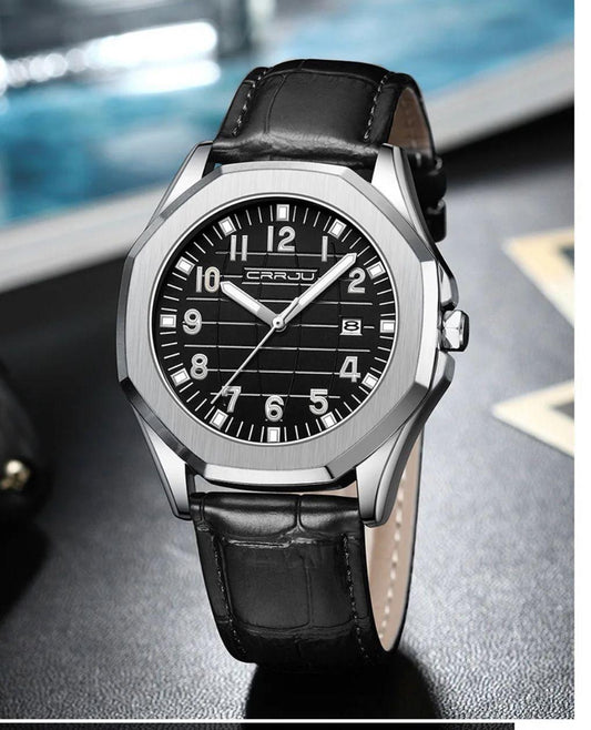 CRRJU 5022 Luxury Man Wristwatch Waterproof Luminous Date Auto Male For Men Watches Genuine Leather Quartz Men's Watch