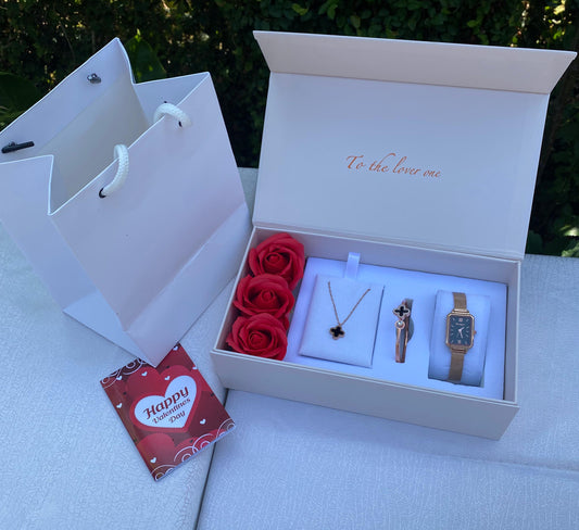 VAL003 Valentine’s Ladies Floral Set – Preserved Flowers, Watch & Jewellery