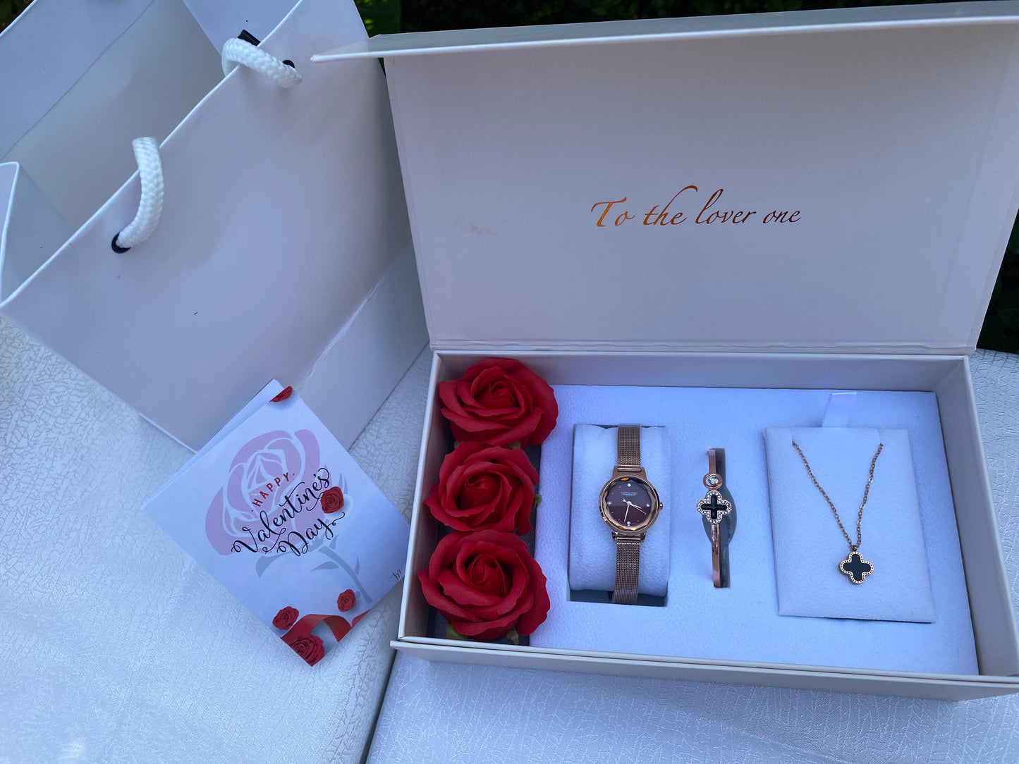 VAL003 Valentine’s Ladies Floral Set – Preserved Flowers, Watch & Jewellery