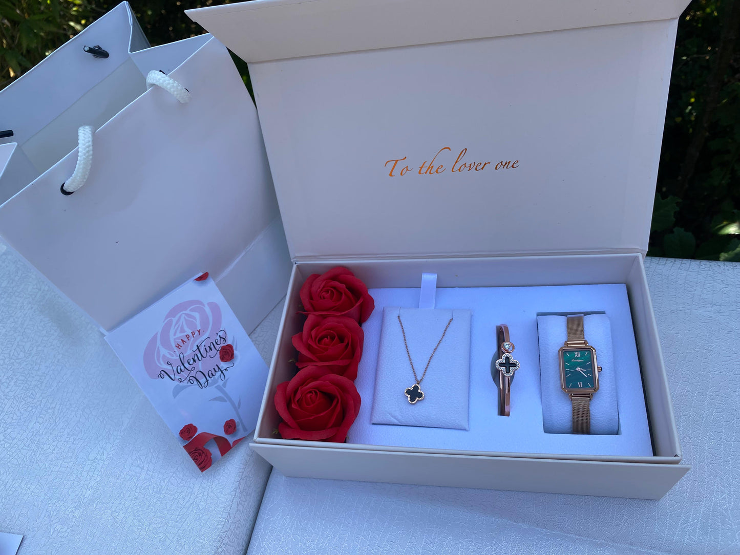 VAL003 Valentine’s Ladies Floral Set – Preserved Flowers, Watch & Jewellery