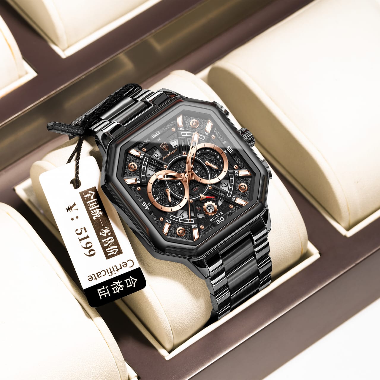 Poedagar 983 Luxury Square Stainless Steel Quartz Men's Watches Waterproof Luminous Chronograph Watch for Men