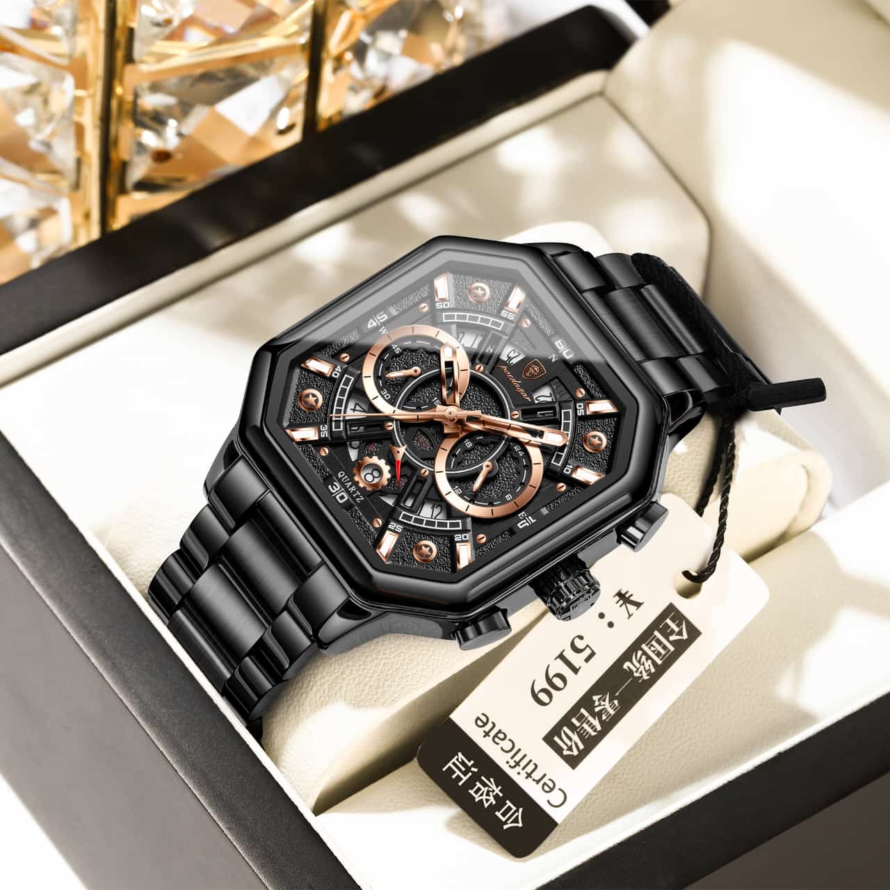 Poedagar 983 Luxury Square Stainless Steel Quartz Men's Watches Waterproof Luminous Chronograph Watch for Men