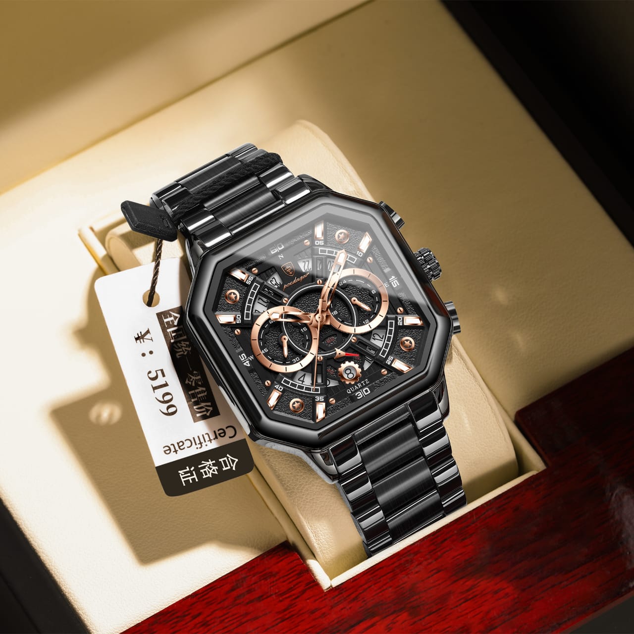Poedagar 983 Luxury Square Stainless Steel Quartz Men's Watches Waterproof Luminous Chronograph Watch for Men