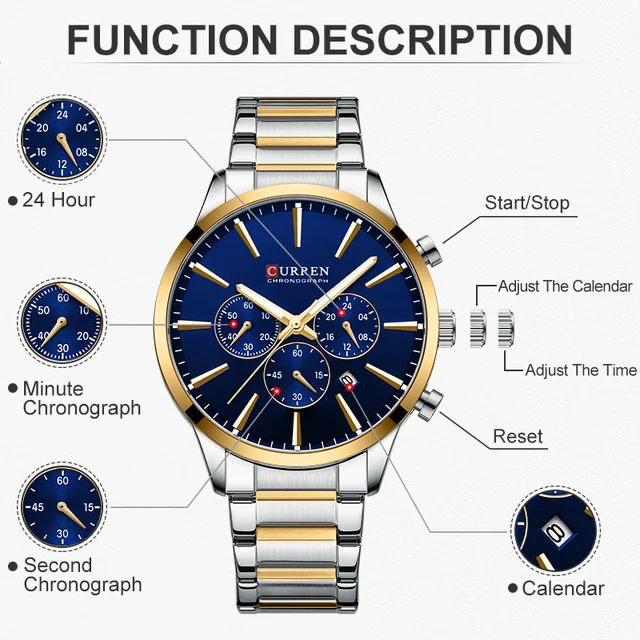 CURREN 8435 Quartz Watches for Men Fashion Stainless Steel Strap Male Wristwatches with Luminous Hands Chronograph Sports Clock