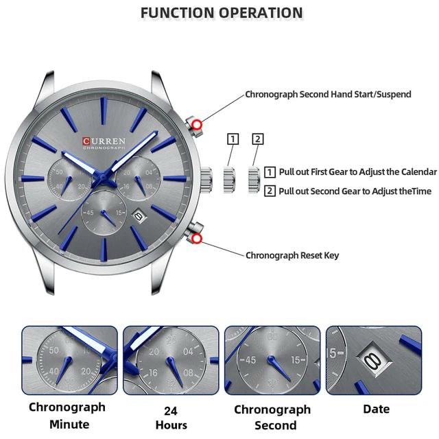 CURREN 8435 Quartz Watches for Men Fashion Stainless Steel Strap Male Wristwatches with Luminous Hands Chronograph Sports Clock