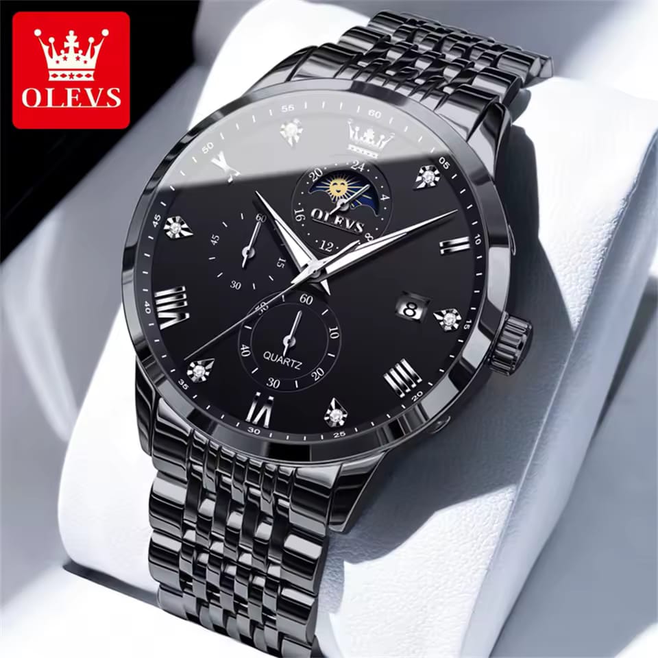OLEVS 2925 Auto Date 30M Waterproof Roman Dial Stainless Steel Moon Phase Men's Watches Original Japan Quartz Wristwatch for Men