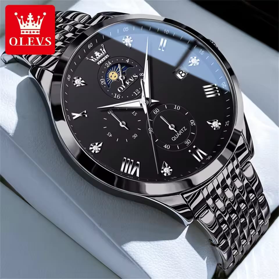 OLEVS 2925 Auto Date 30M Waterproof Roman Dial Stainless Steel Moon Phase Men's Watches Original Japan Quartz Wristwatch for Men