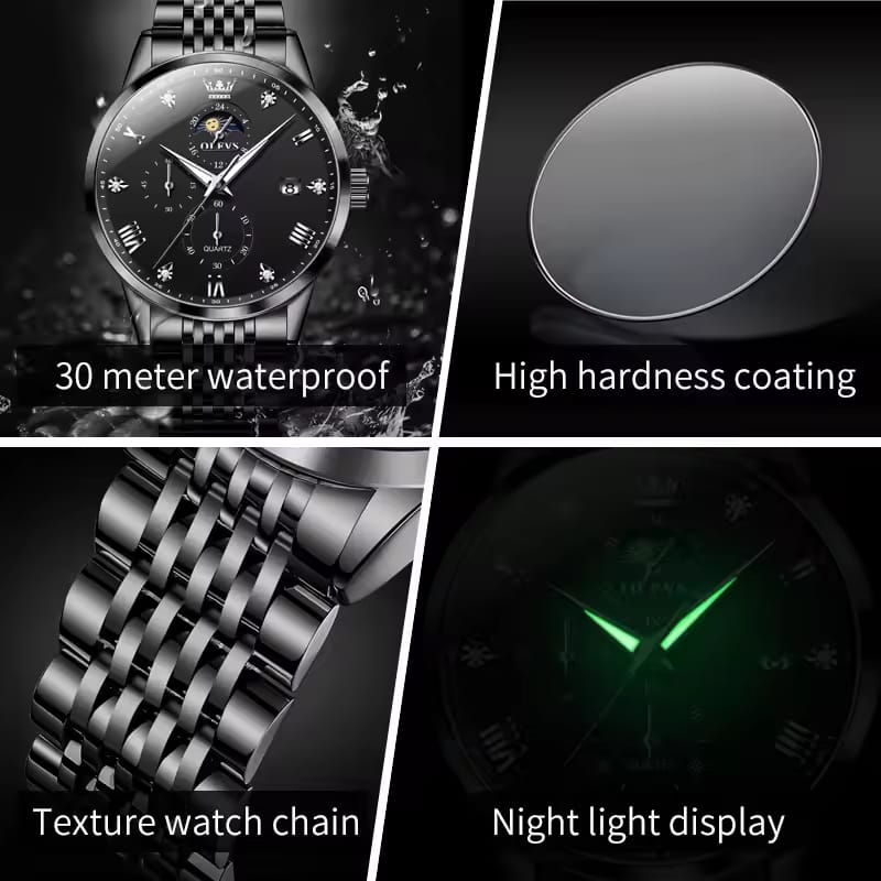 OLEVS 2925 Auto Date 30M Waterproof Roman Dial Stainless Steel Moon Phase Men's Watches Original Japan Quartz Wristwatch for Men