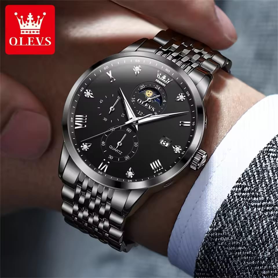 OLEVS 2925 Auto Date 30M Waterproof Roman Dial Stainless Steel Moon Phase Men's Watches Original Japan Quartz Wristwatch for Men
