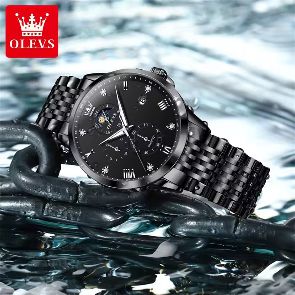 OLEVS 2925 Auto Date 30M Waterproof Roman Dial Stainless Steel Moon Phase Men's Watches Original Japan Quartz Wristwatch for Men