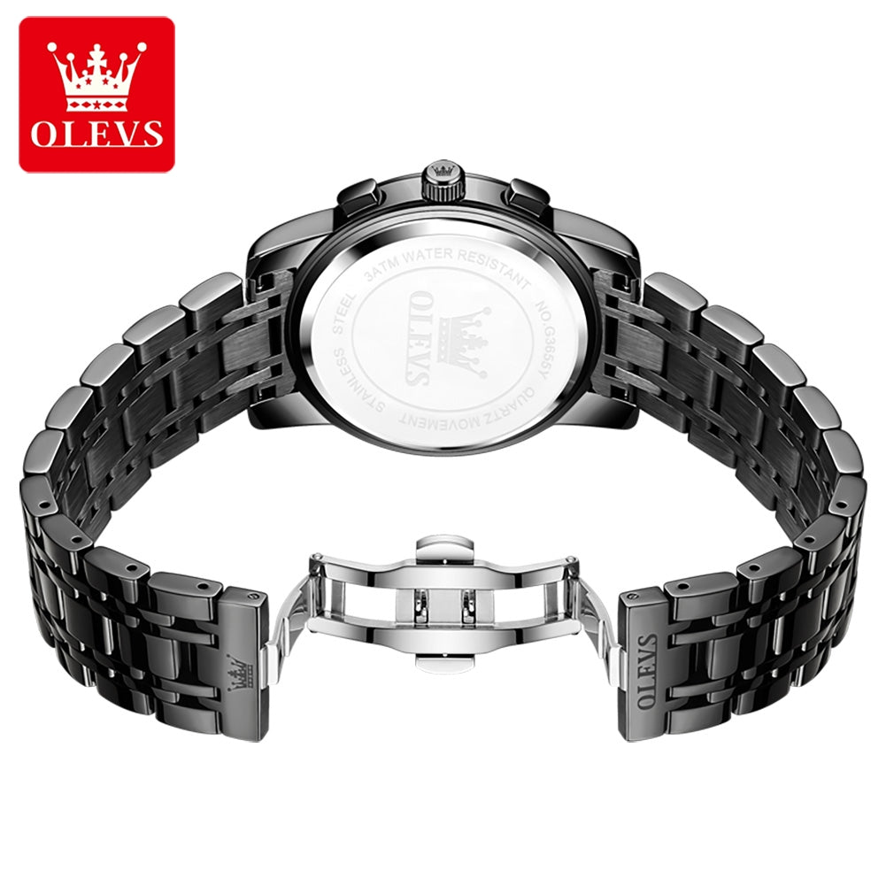 OLEVS 3655 Chronograph Moon Phase Quartz Waterproof Male Simple Original Brand Multi-function Three Small Dials Watches for Mens