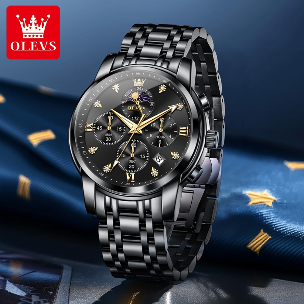 OLEVS 3655 Chronograph Moon Phase Quartz Waterproof Male Simple Original Brand Multi-function Three Small Dials Watches for Mens