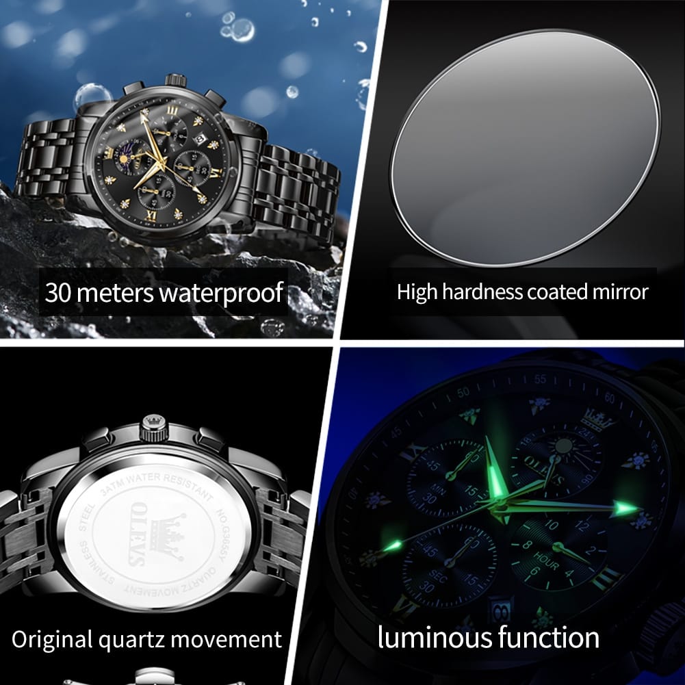 OLEVS 3655 Chronograph Moon Phase Quartz Waterproof Male Simple Original Brand Multi-function Three Small Dials Watches for Mens