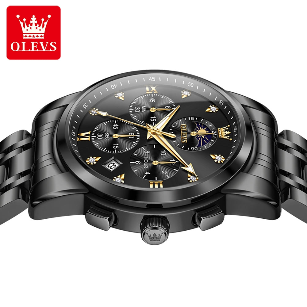 OLEVS 3655 Chronograph Moon Phase Quartz Waterproof Male Simple Original Brand Multi-function Three Small Dials Watches for Mens