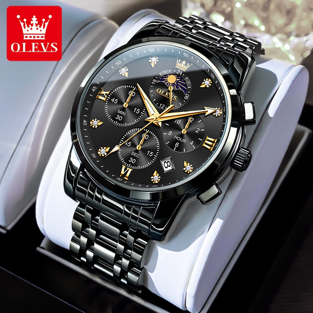 OLEVS 3655 Chronograph Moon Phase Quartz Waterproof Male Simple Original Brand Multi-function Three Small Dials Watches for Mens