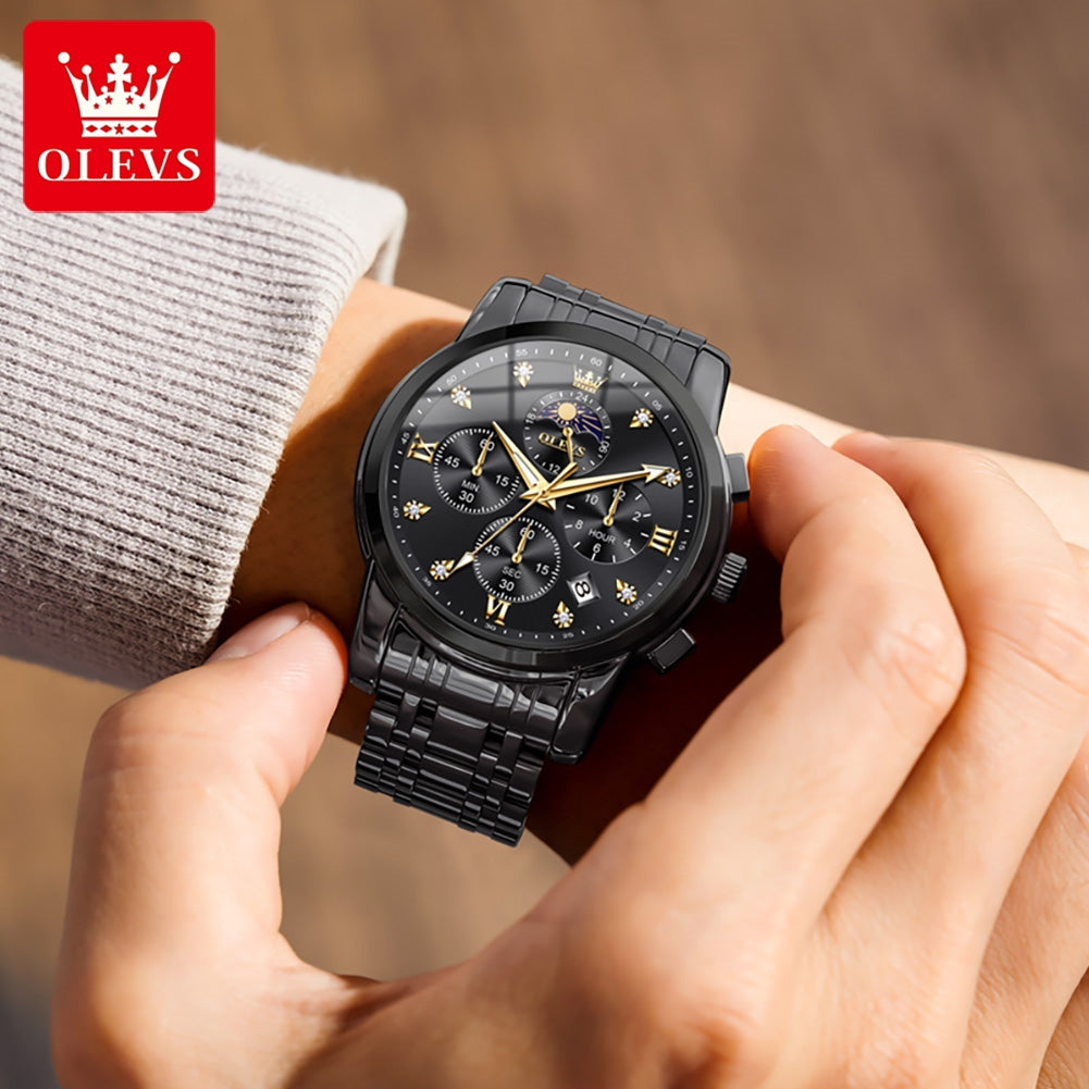 OLEVS 3655 Chronograph Moon Phase Quartz Waterproof Male Simple Original Brand Multi-function Three Small Dials Watches for Mens