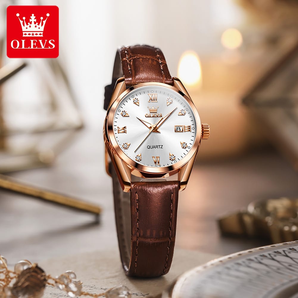 OLEVS 5522 Watch for Women Date Calendar Simple Dial Luxury Leather Strap Waterproof Luminous Elegant Women's Wristwatch
