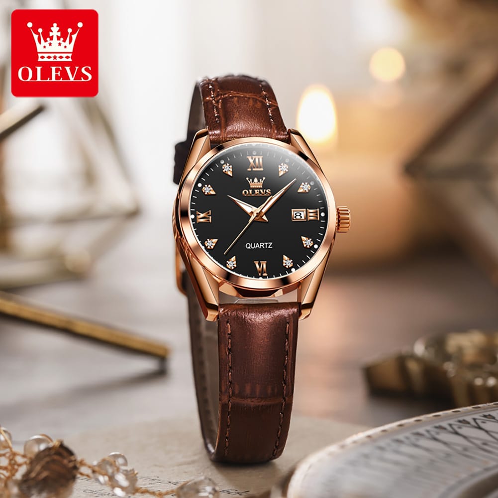 OLEVS 5522 Watch for Women Date Calendar Simple Dial Luxury Leather Strap Waterproof Luminous Elegant Women's Wristwatch