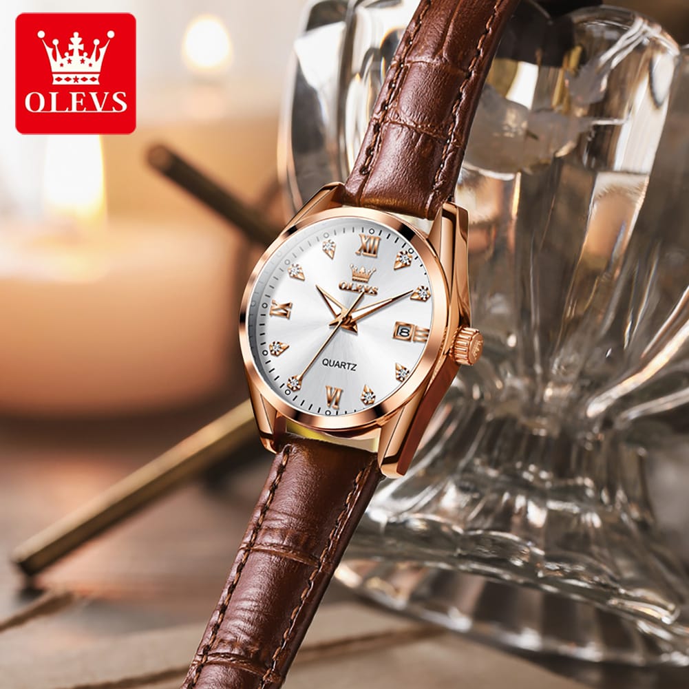 OLEVS 5522 Watch for Women Date Calendar Simple Dial Luxury Leather Strap Waterproof Luminous Elegant Women's Wristwatch