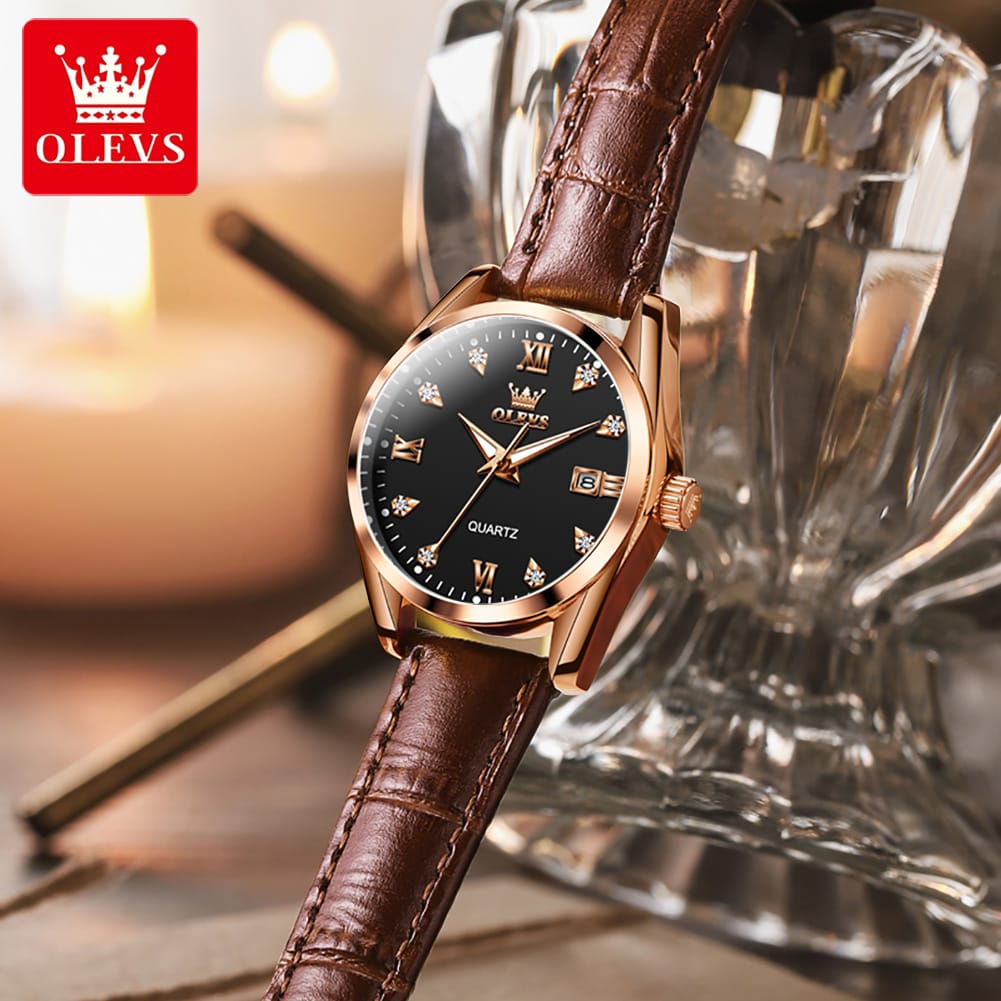 OLEVS 5522 Watch for Women Date Calendar Simple Dial Luxury Leather Strap Waterproof Luminous Elegant Women's Wristwatch
