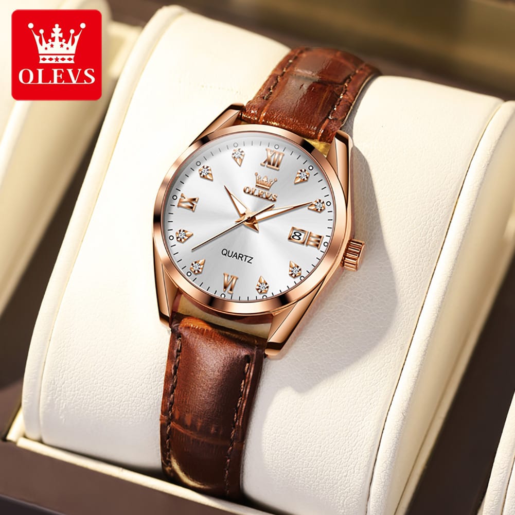OLEVS 5522 Watch for Women Date Calendar Simple Dial Luxury Leather Strap Waterproof Luminous Elegant Women's Wristwatch