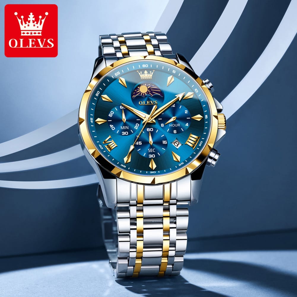 OLEVS 3655 Chronograph Moon Phase Quartz Waterproof Male Simple Original Brand Multi-function Three Small Dials Watches for Mens