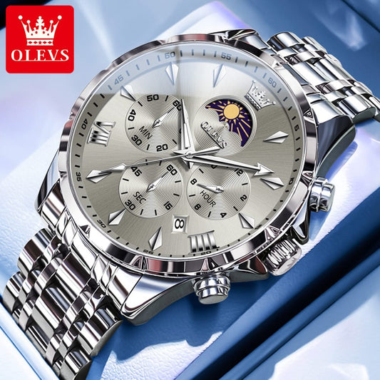 OLEVS 3655 Chronograph Moon Phase Quartz Waterproof Male Simple Original Brand Multi-function Three Small Dials Watches for Mens