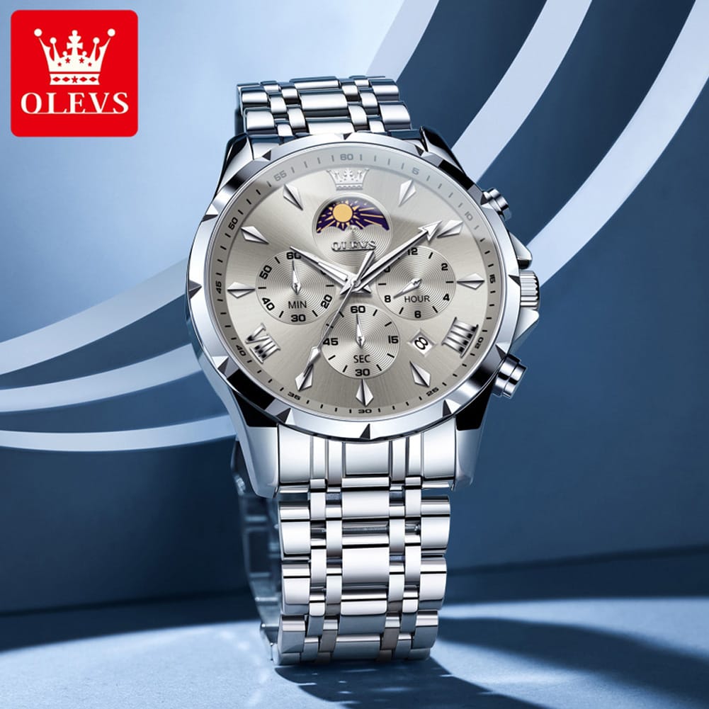 OLEVS 3655 Chronograph Moon Phase Quartz Waterproof Male Simple Original Brand Multi-function Three Small Dials Watches for Mens